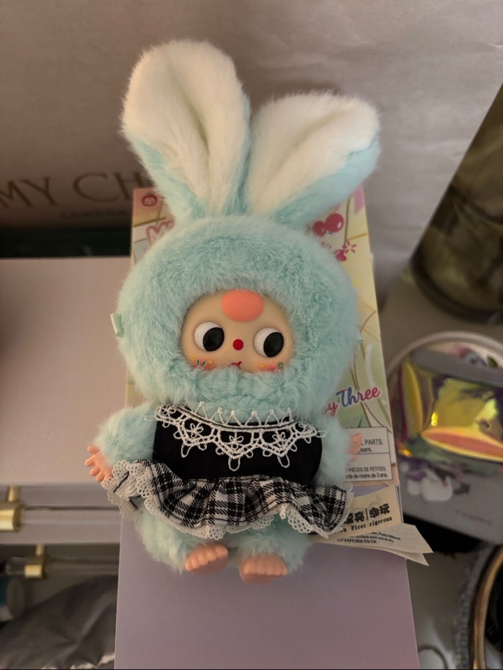Baby Three Candy Baby Blue Rabbit Doll with Black Plaid Dress Keychain